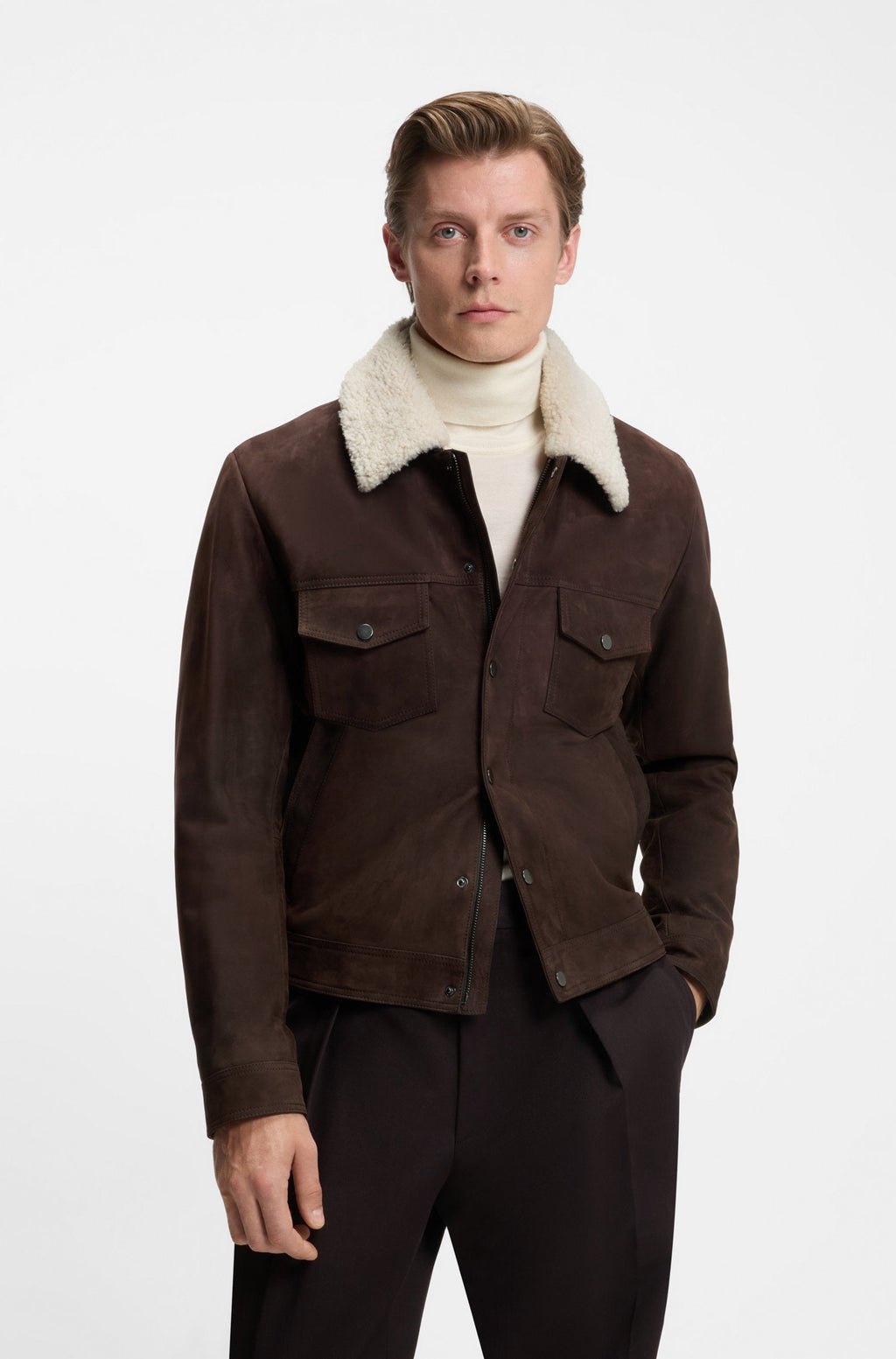 Cazadora de piel BECKHAM x BOSS con cuello de piel